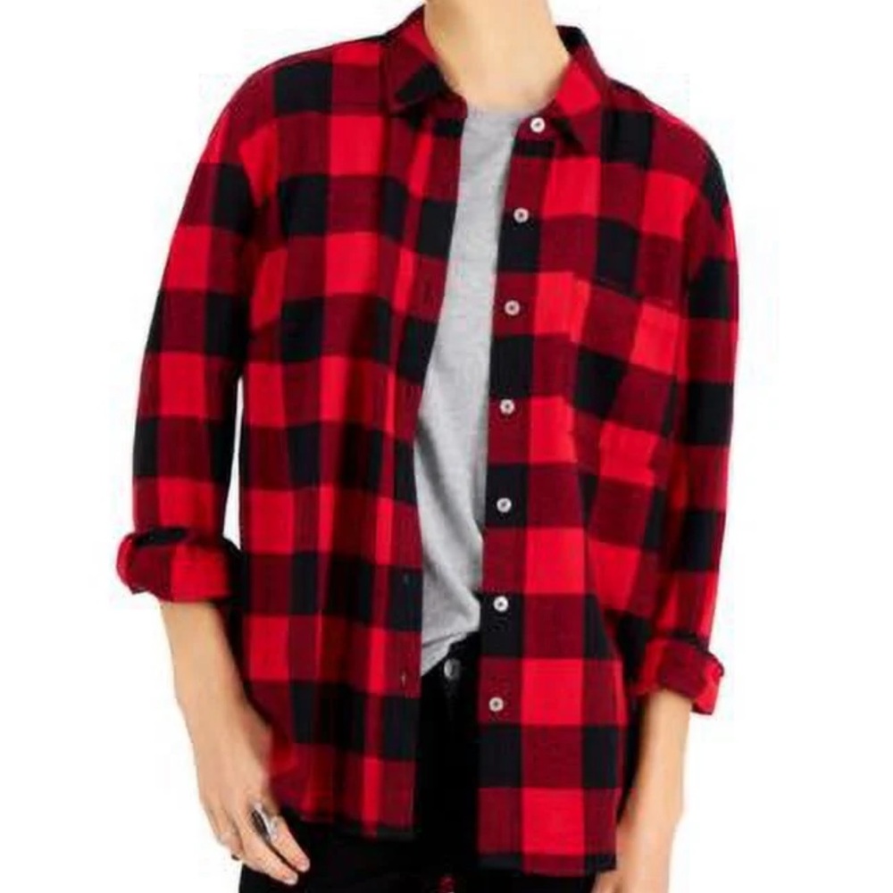 American Eagle Women’s Red Button Up Buffalo Check Plaid Flannel Shirt